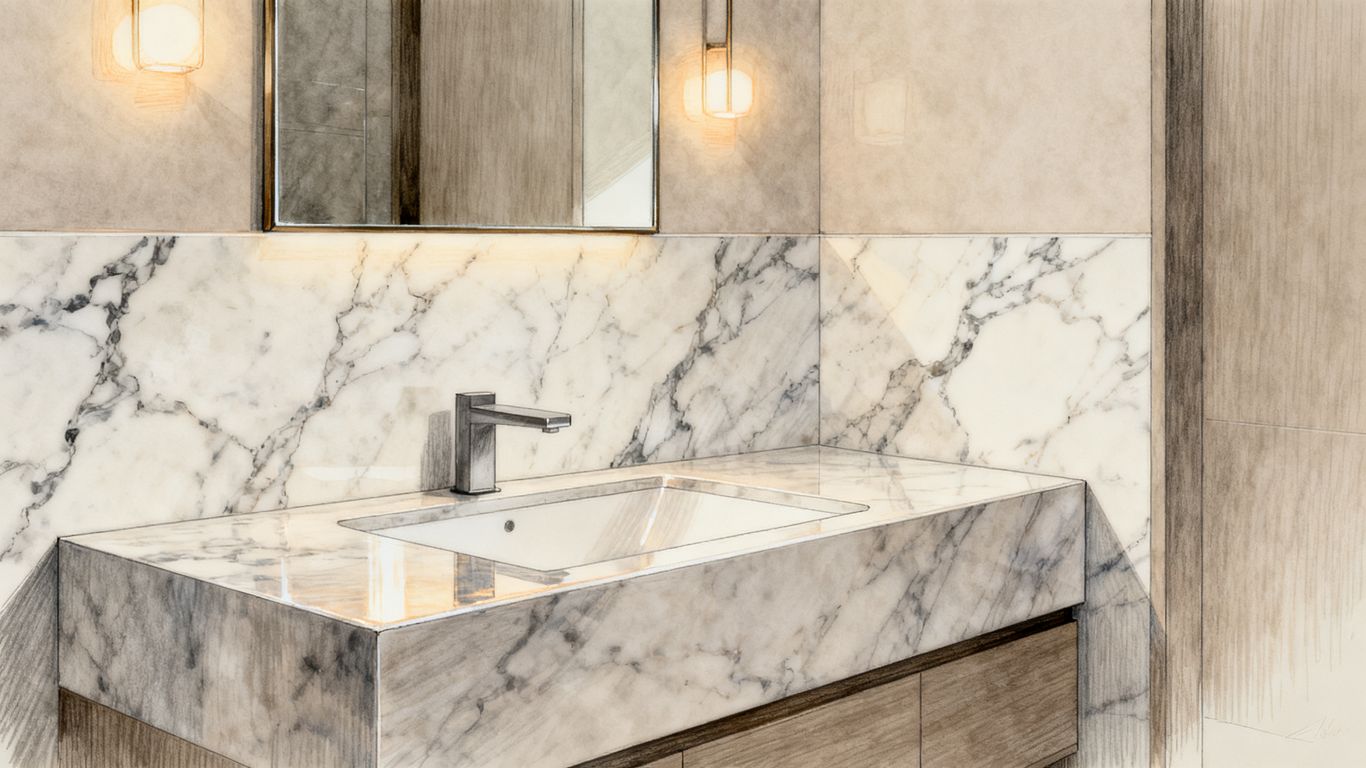 A serene bathroom with premium marble surfaces