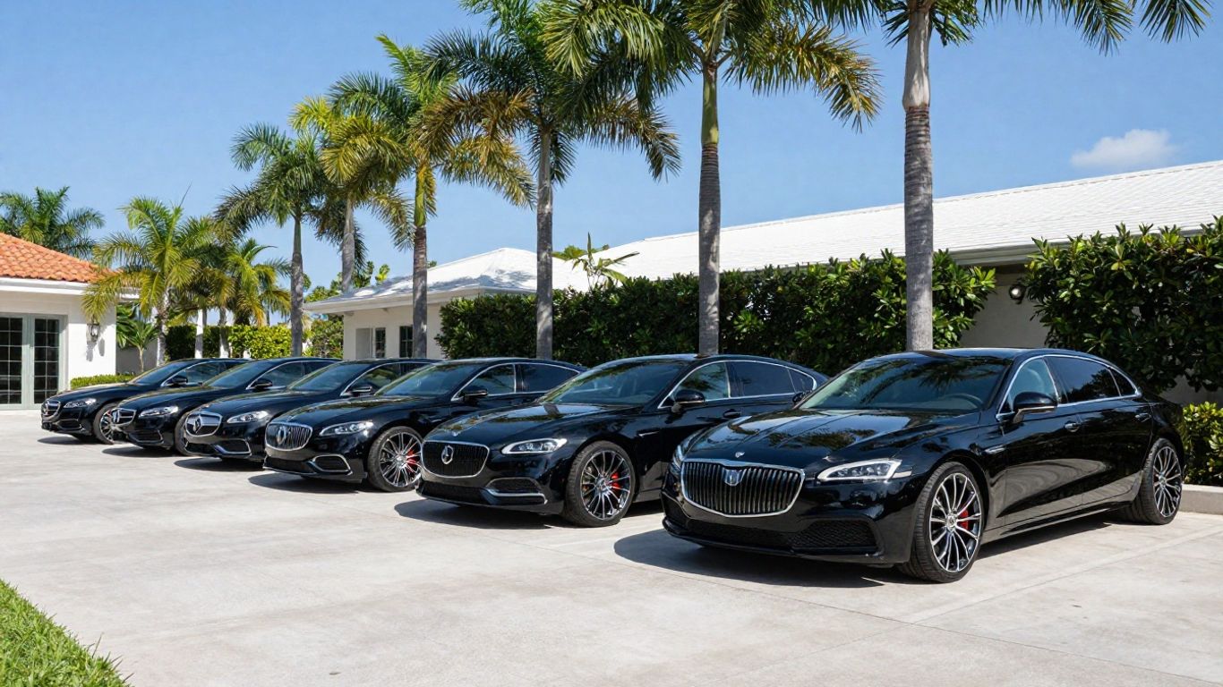 Luxury vehicles parked curbside at a private terminal
