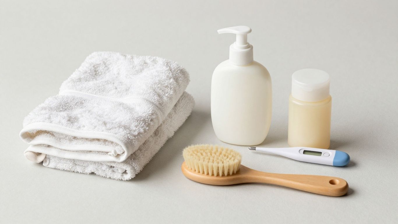 Kit de higiene para bebés con toalla, jabón, loción y cepillo.