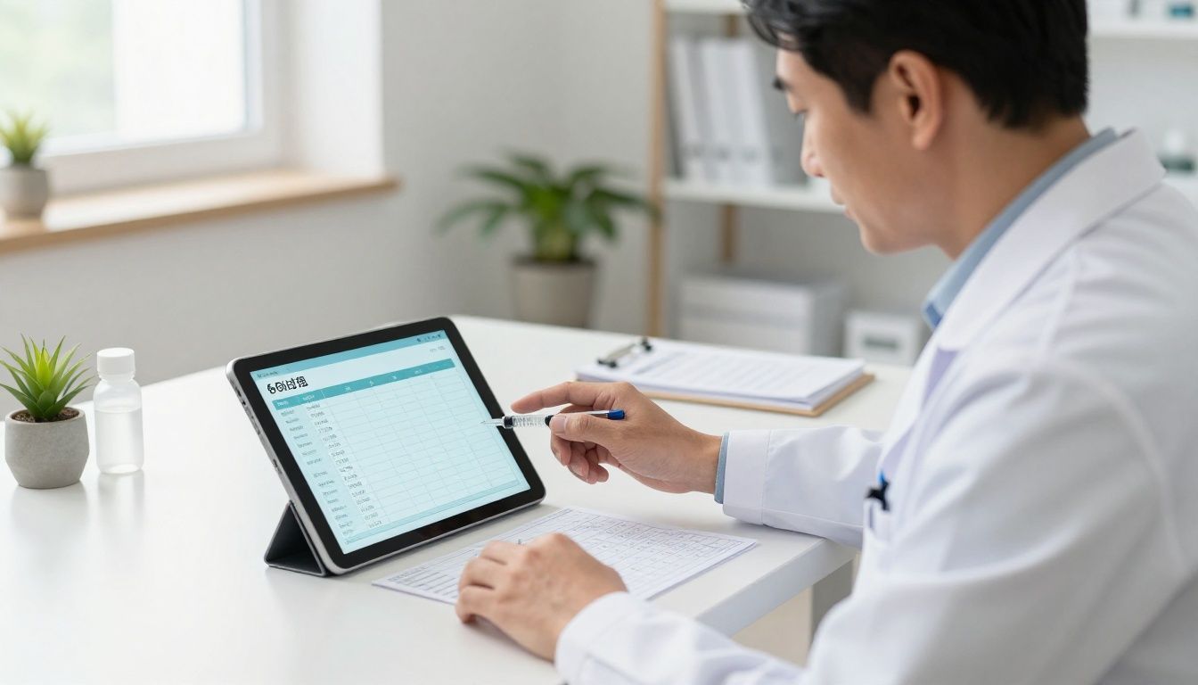 A clean, modern health-tech scene showing a professional man in his 40s calmly reviewing a digital injection log on a sleek tablet while organized medical supplies and health-tracking charts are visible on a desk, capturing a sense of order, precision, and proactive wellness.