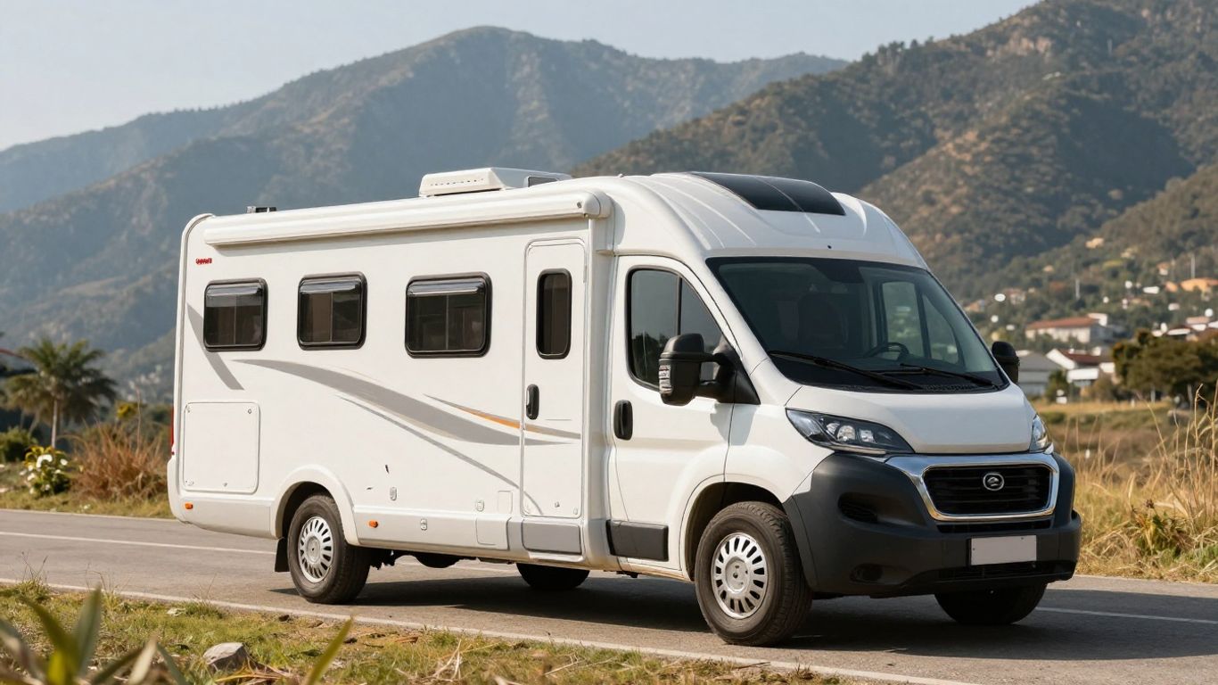 Motorhome parked on a scenic roadside with mountains.