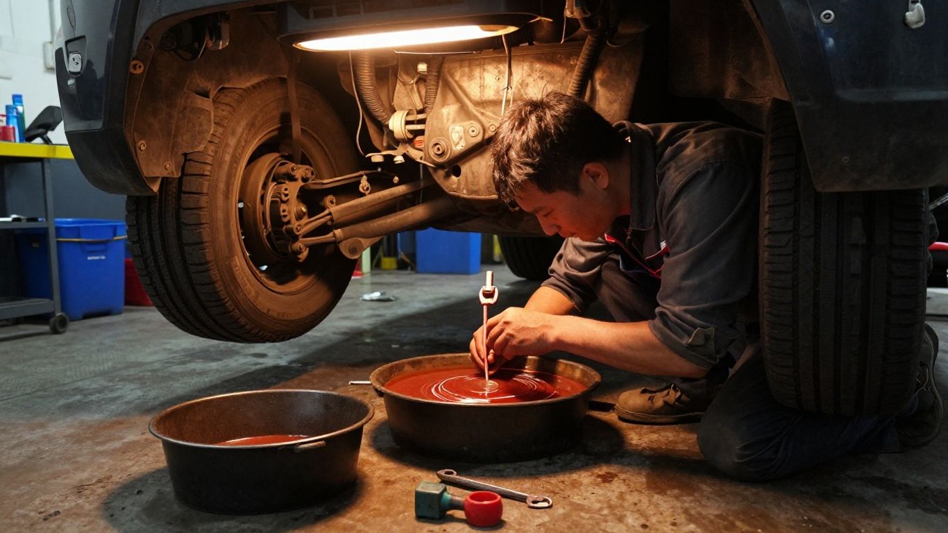 Technician inspecting transmission fluid beneath vehicle