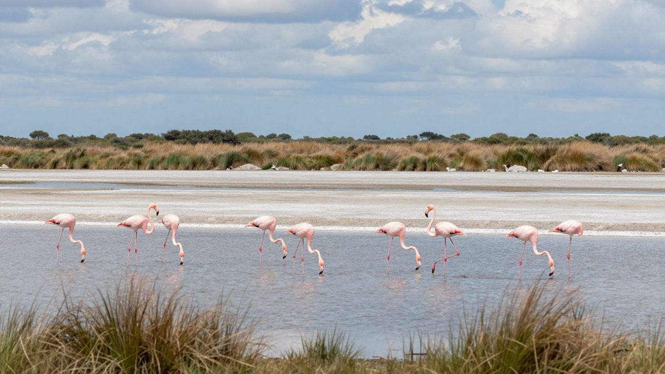 Flamingos over Camargue salt marshes