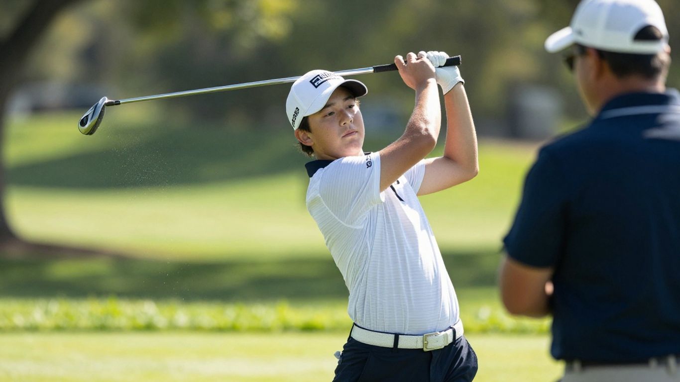Golfer swinging, coach watching on course.
