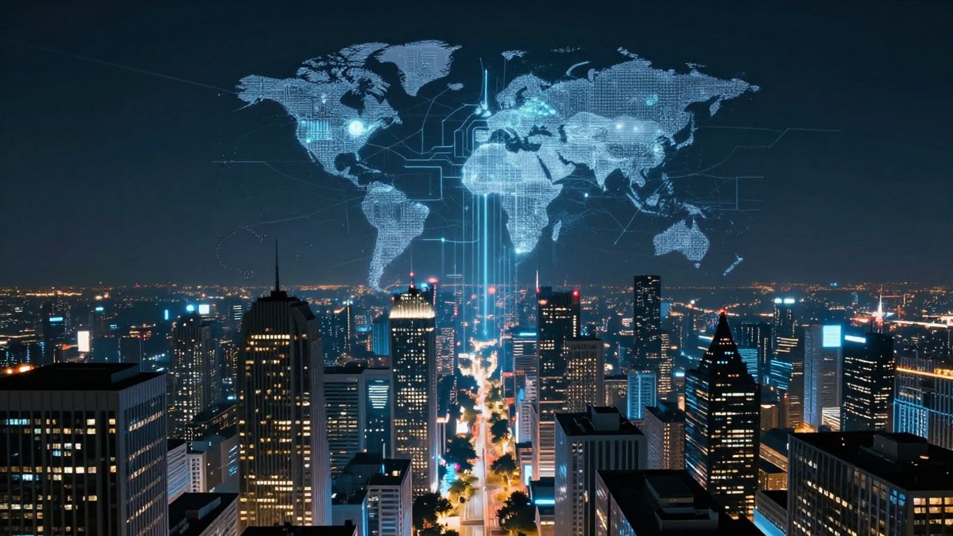 Futuristic cityscape with AI and digital financial streams.