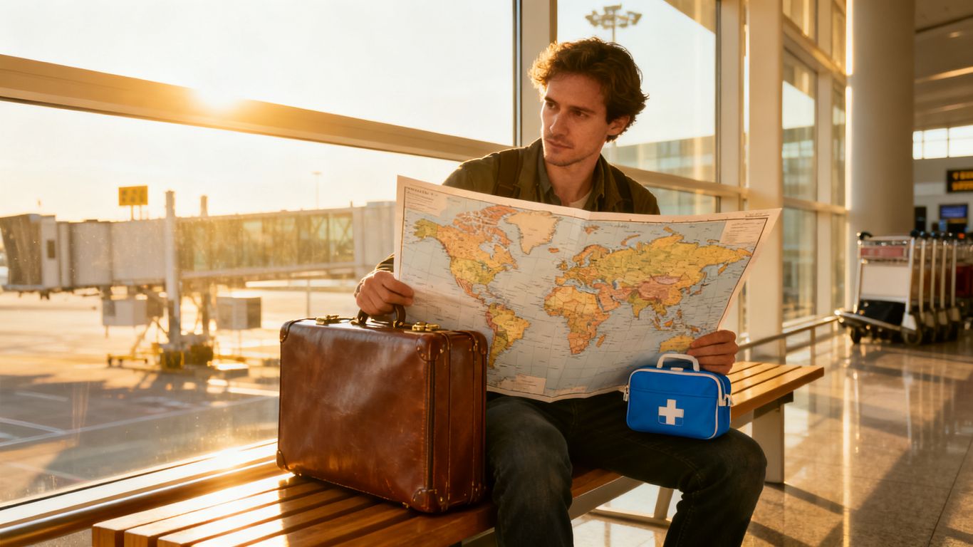 Traveler with medical kit at airport, looking at world map.