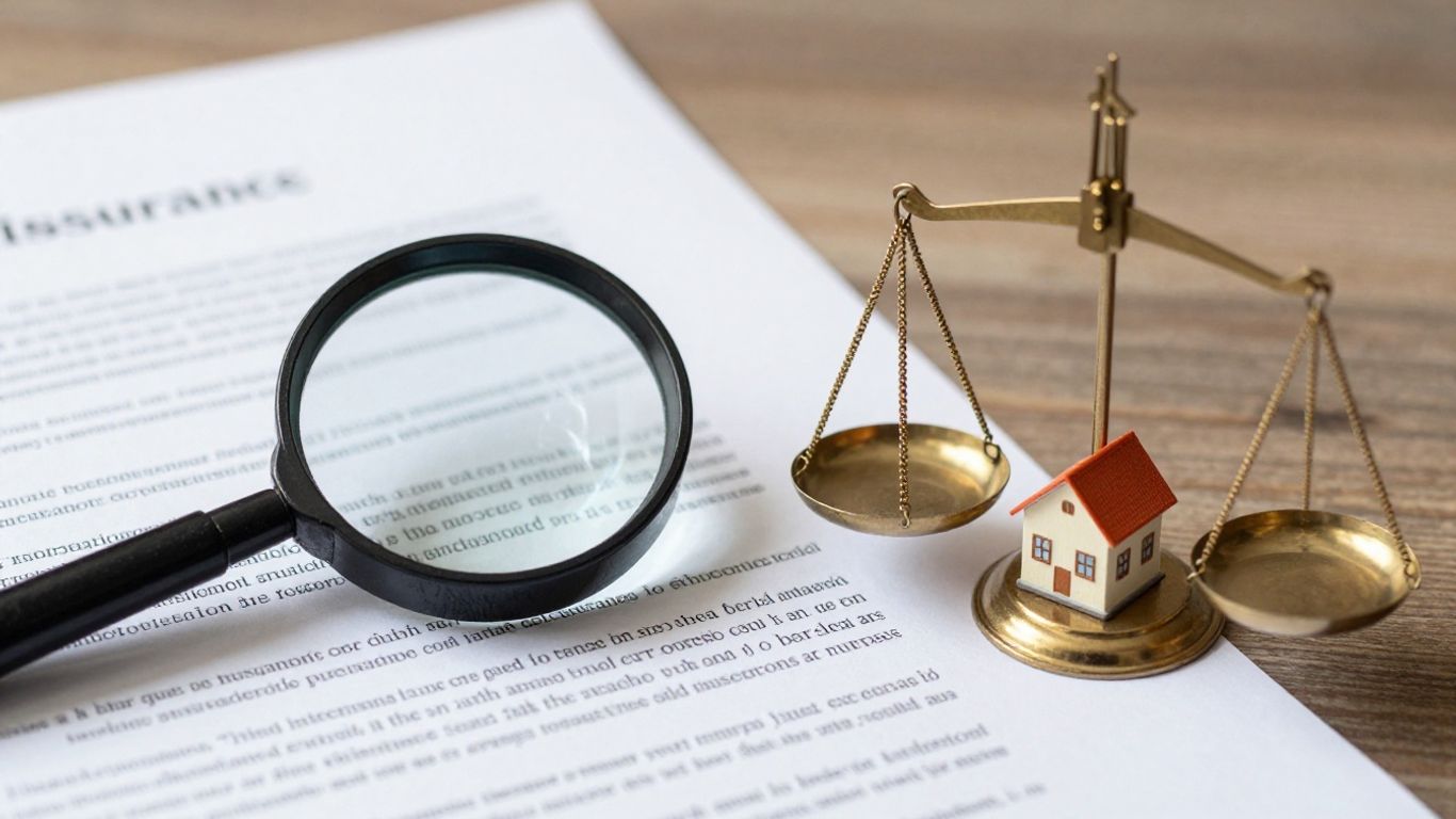 Balanza y lupa sobre póliza de seguro.