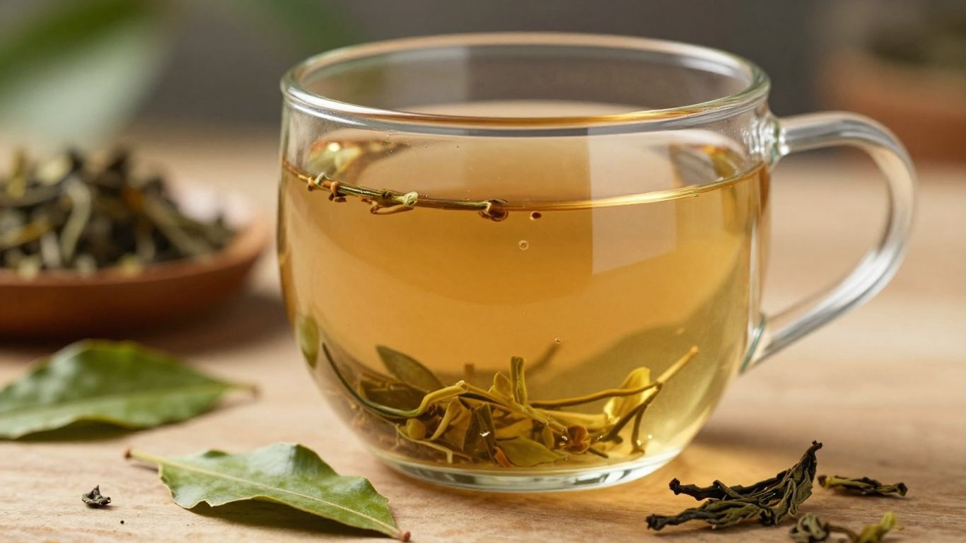 Herbal tea leaves and a glass of brewed tea.
