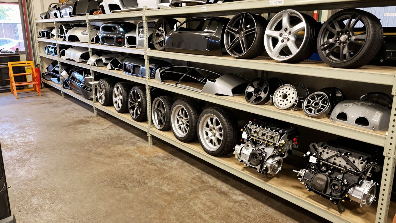 Nissan parts arranged in an Adelaide salvage yard
