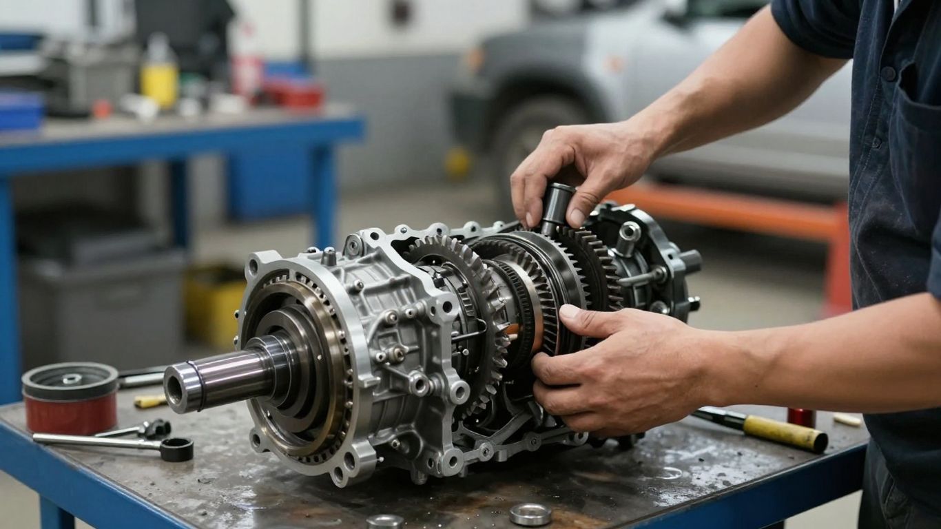 Mechanic inspecting removed automatic transmission
