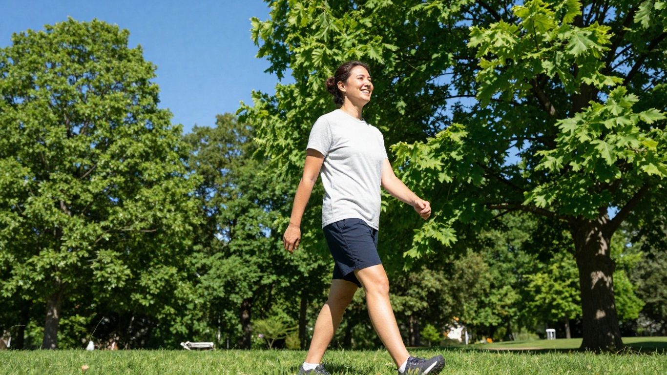 Persoană mergând pe jos în natură, zâmbind.