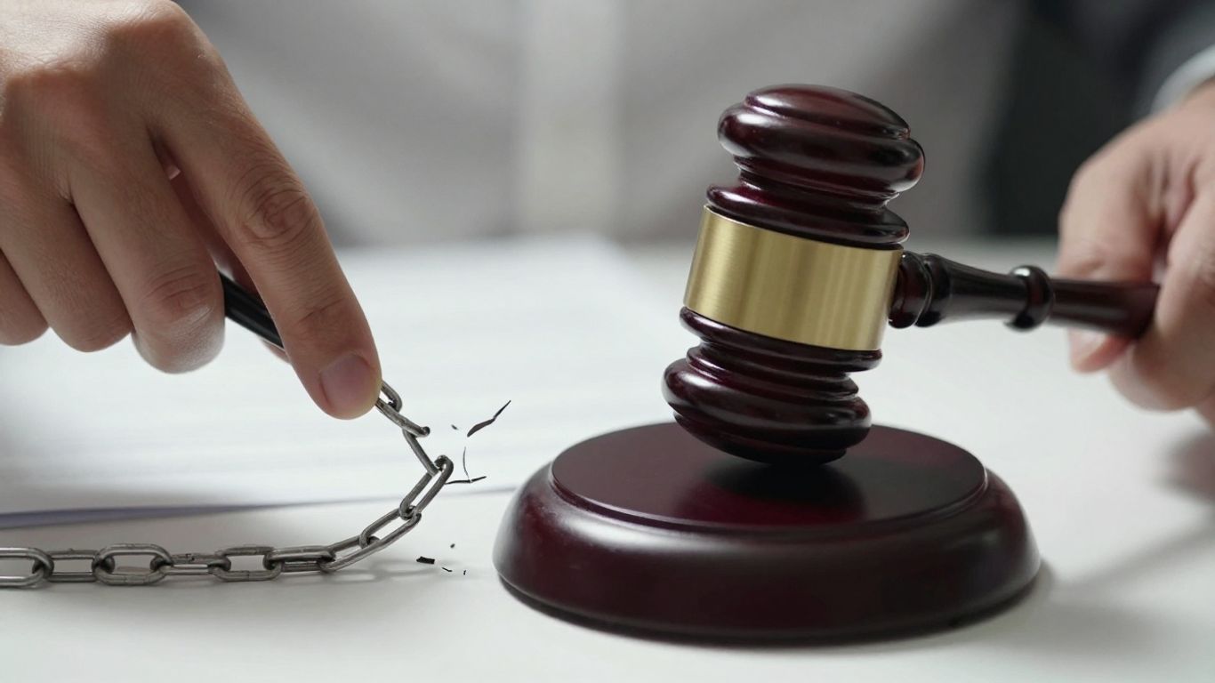 Gavel striking sound block, broken chain, legal documents.