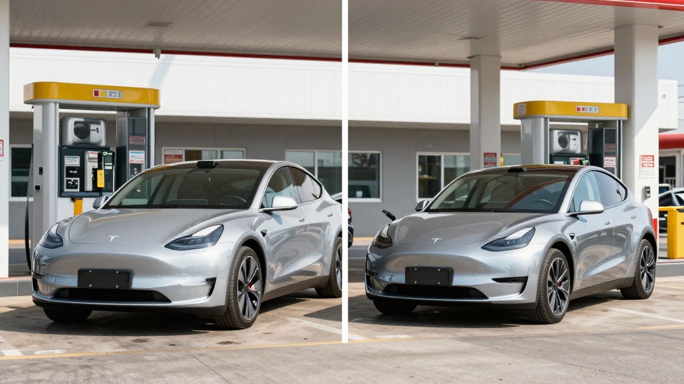 Elektroauto lädt neben Benziner an Tankstelle