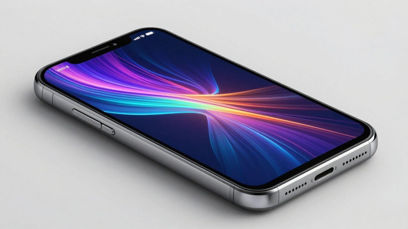 Android phone with abstract financial data display.