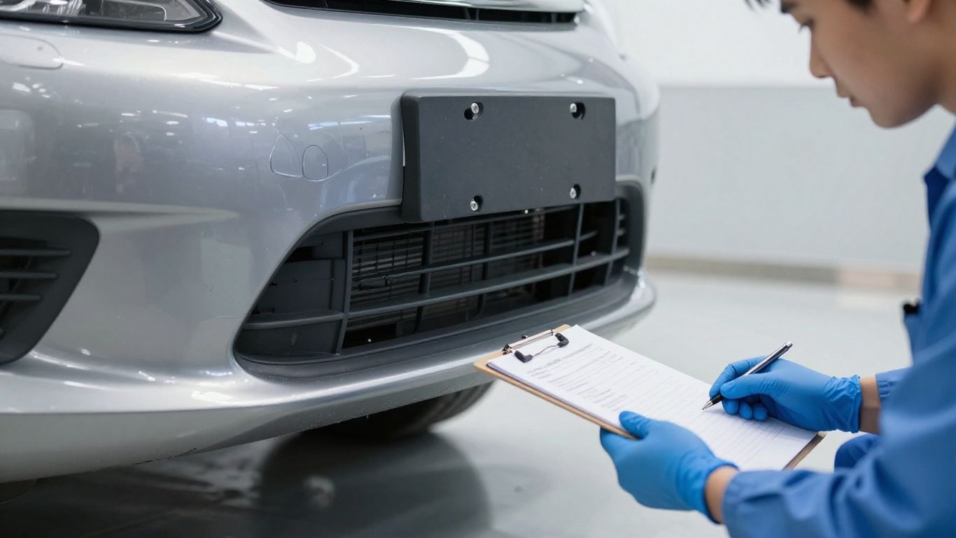 Gutachter prüft Autoschaden mit Klemmbrett