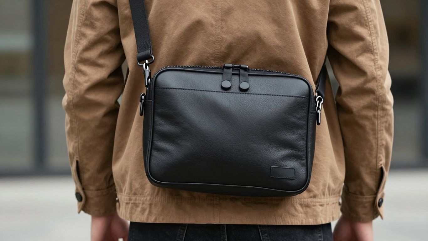 Homme portant un sac bandoulière en cuir noir.