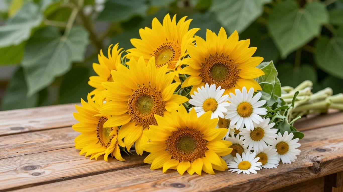 Bright sunflowers and daisies in a thank you bouquet.