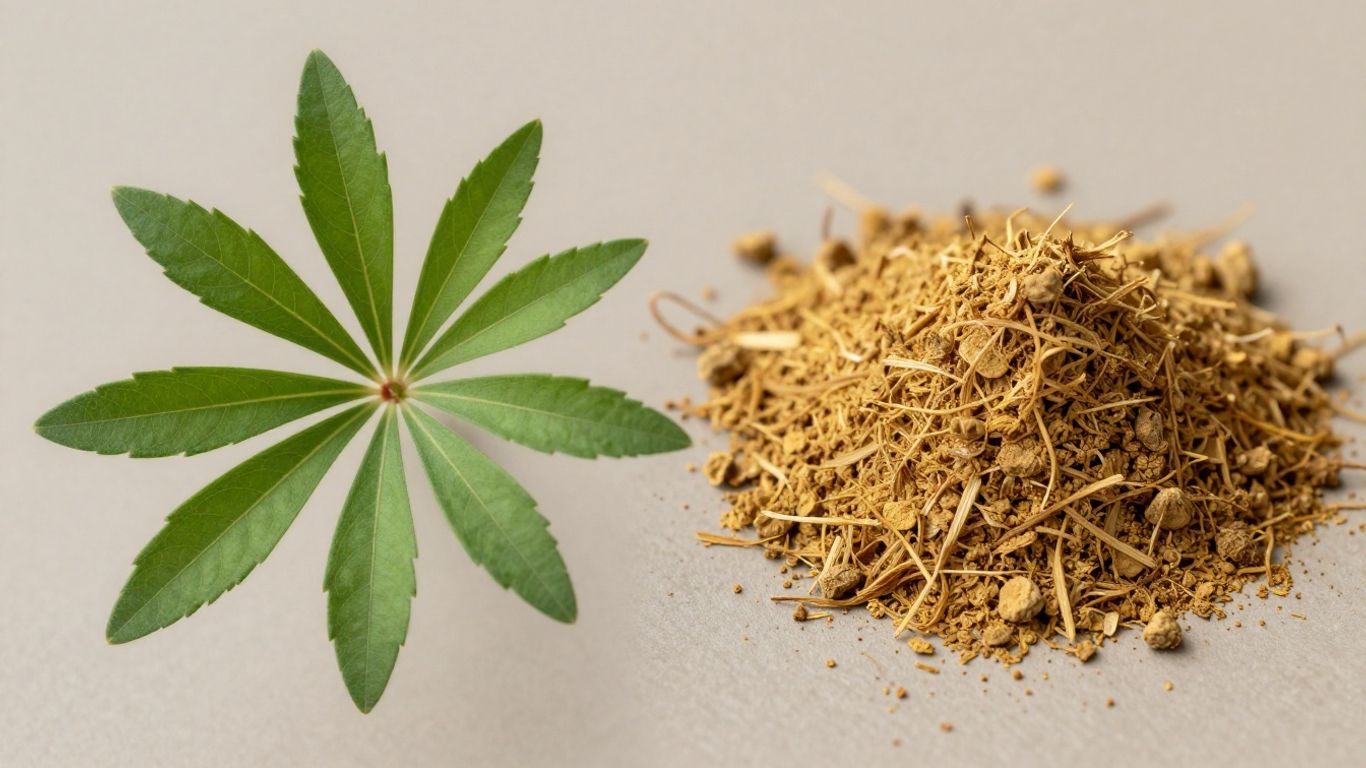 Ecdysterone powder and Ajuga turkestanica plant leaves.