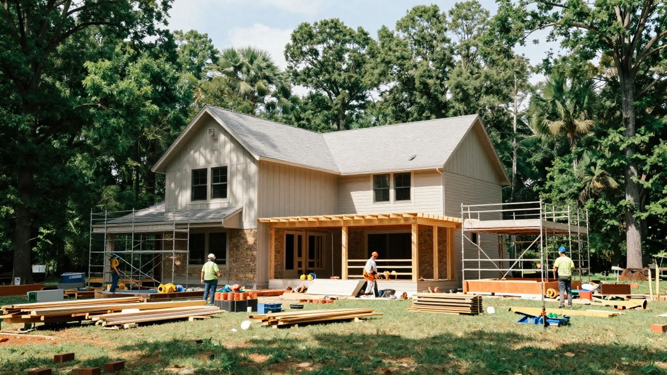 Home renovation with workers and scaffolding in Berkeley Lake