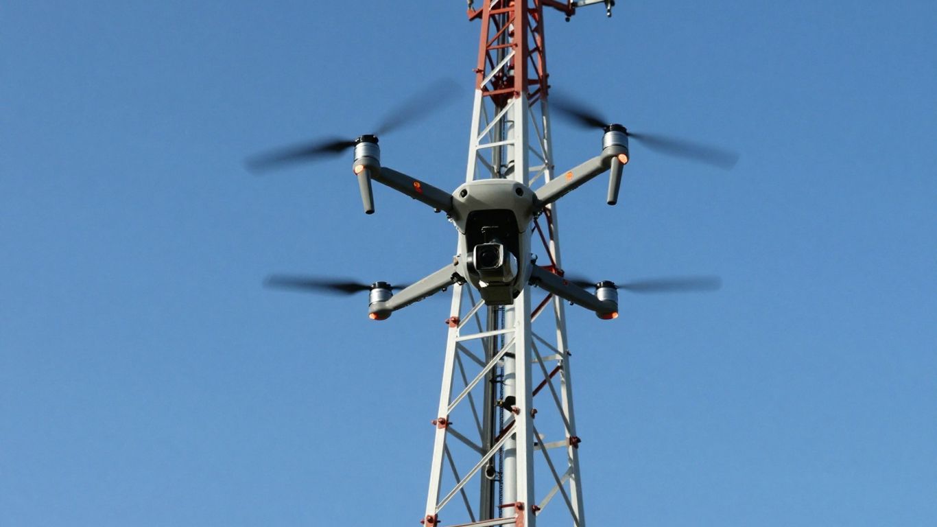 Drone inspecting a cell tower from above.