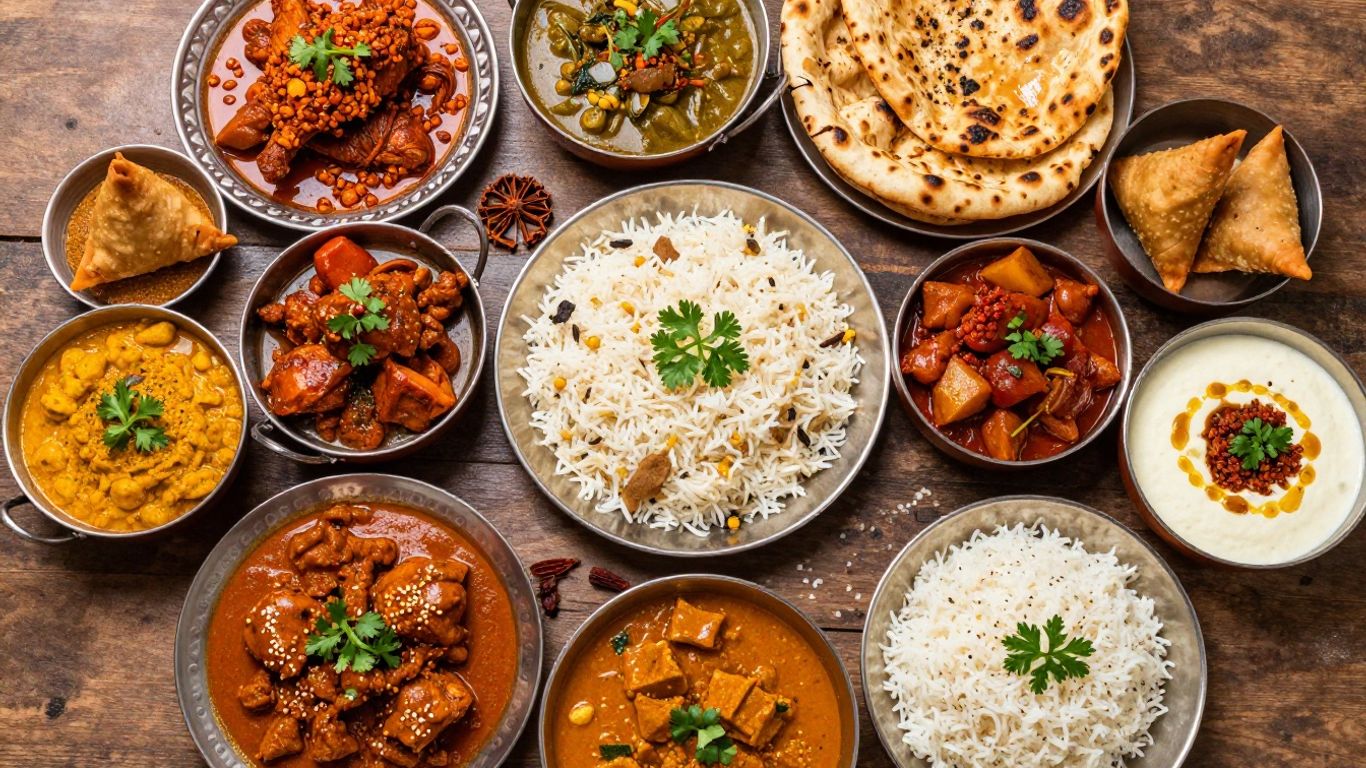 Colorful Indian dishes arranged on a dining table.