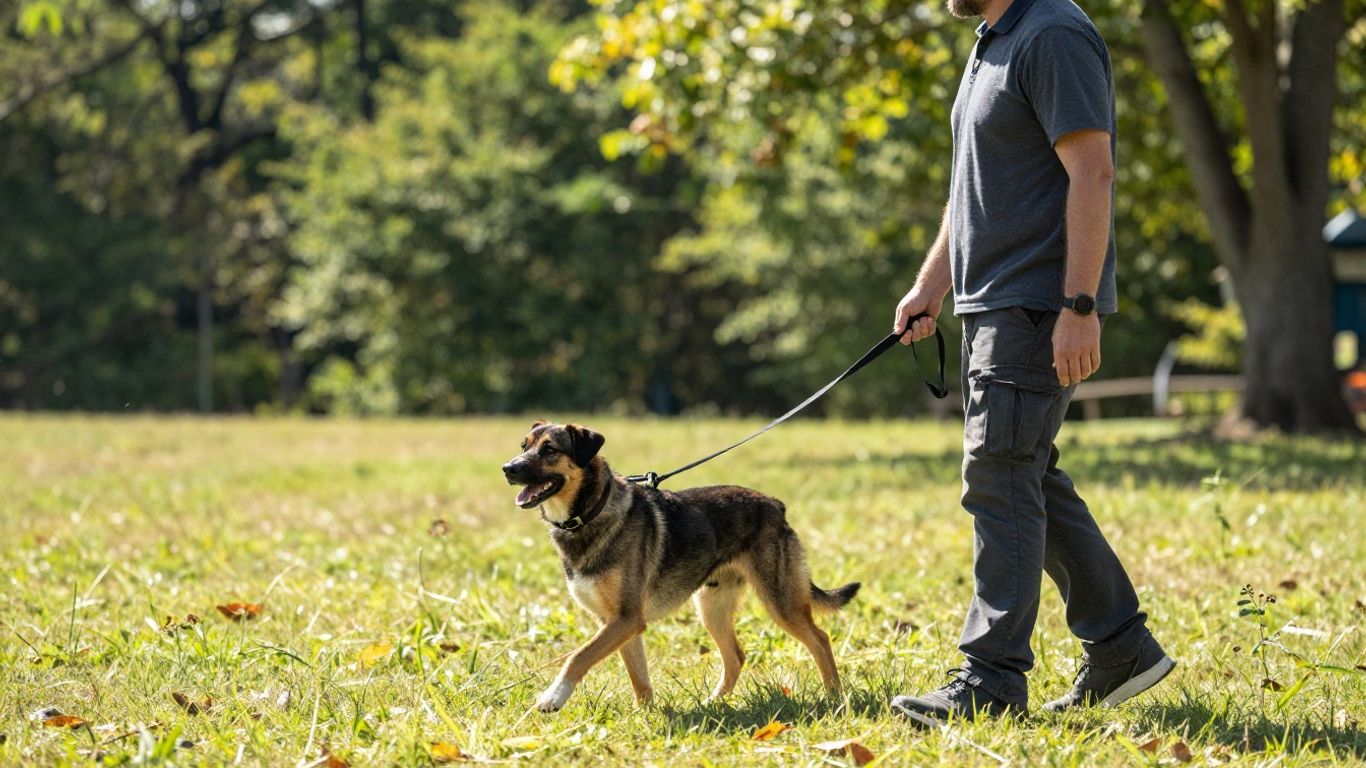 Dog and handler practicing leash walking outdoors.