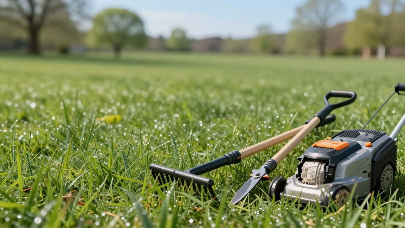 Gartengeräte und grüner Rasen im Frühling