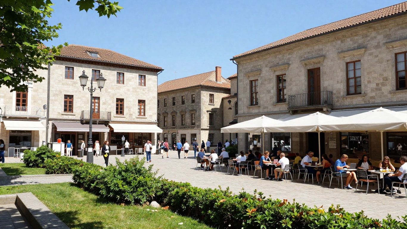 A vibrant city street with people working in cafe