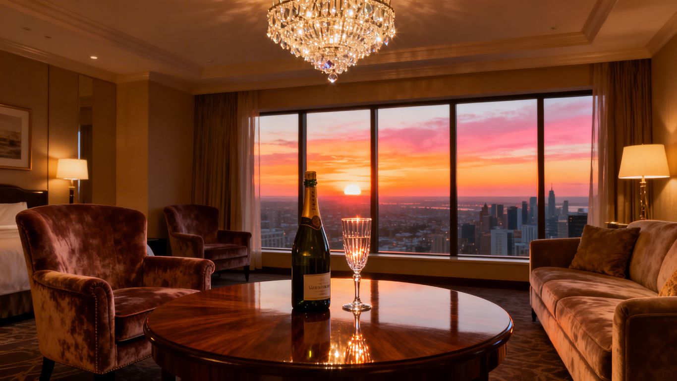 Luxurious hotel suite with city view and champagne.