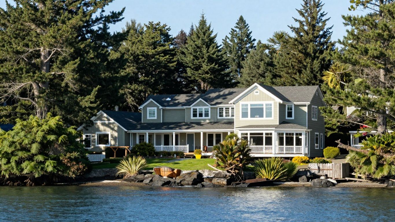Waterfront home on Bainbridge Island with calm blue water.