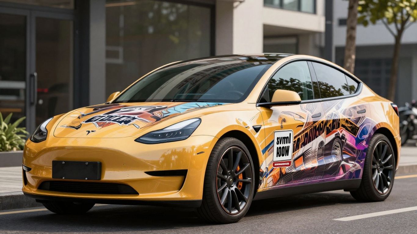 Car with custom wrap at a service location.