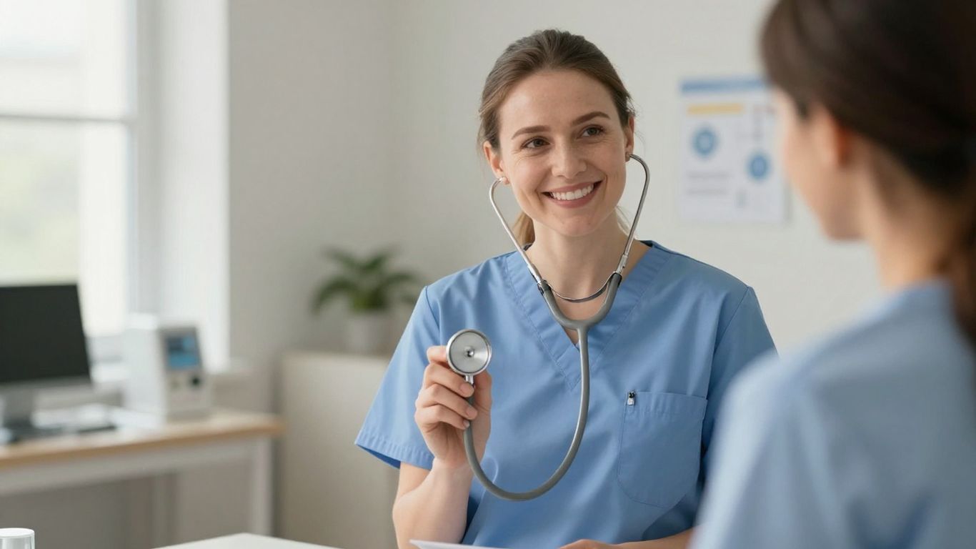 Medical assistant in clinic holding stethoscope.