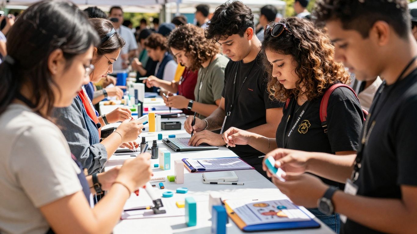 People interacting with products in a bright setting.