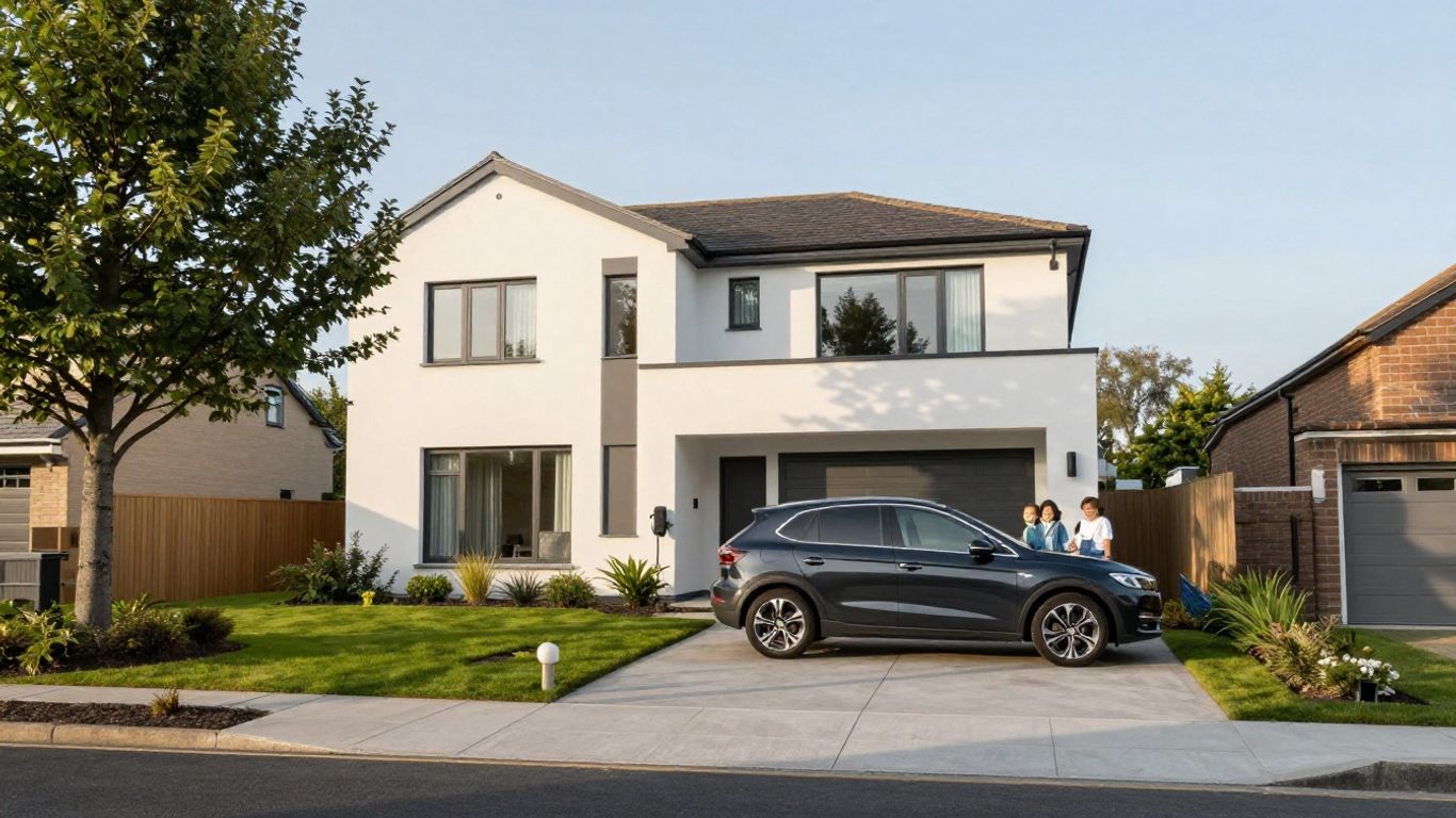 Modern family car outside a bright suburban home