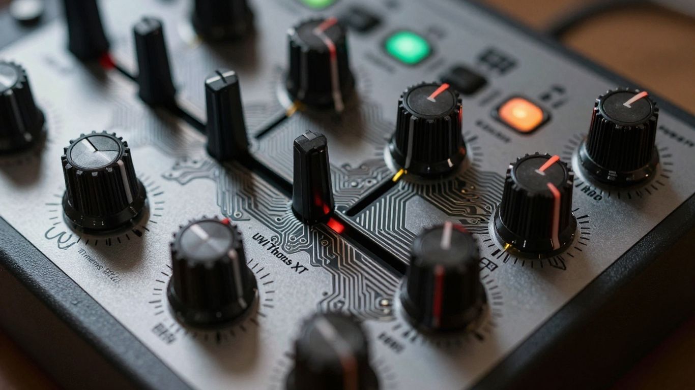 UVI Thorus XT synthesizer front panel with knobs and buttons.