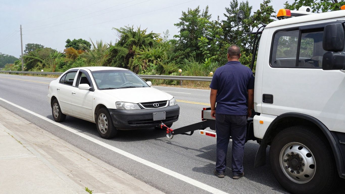 Tow truck hooking up to a broken-down car on highway.