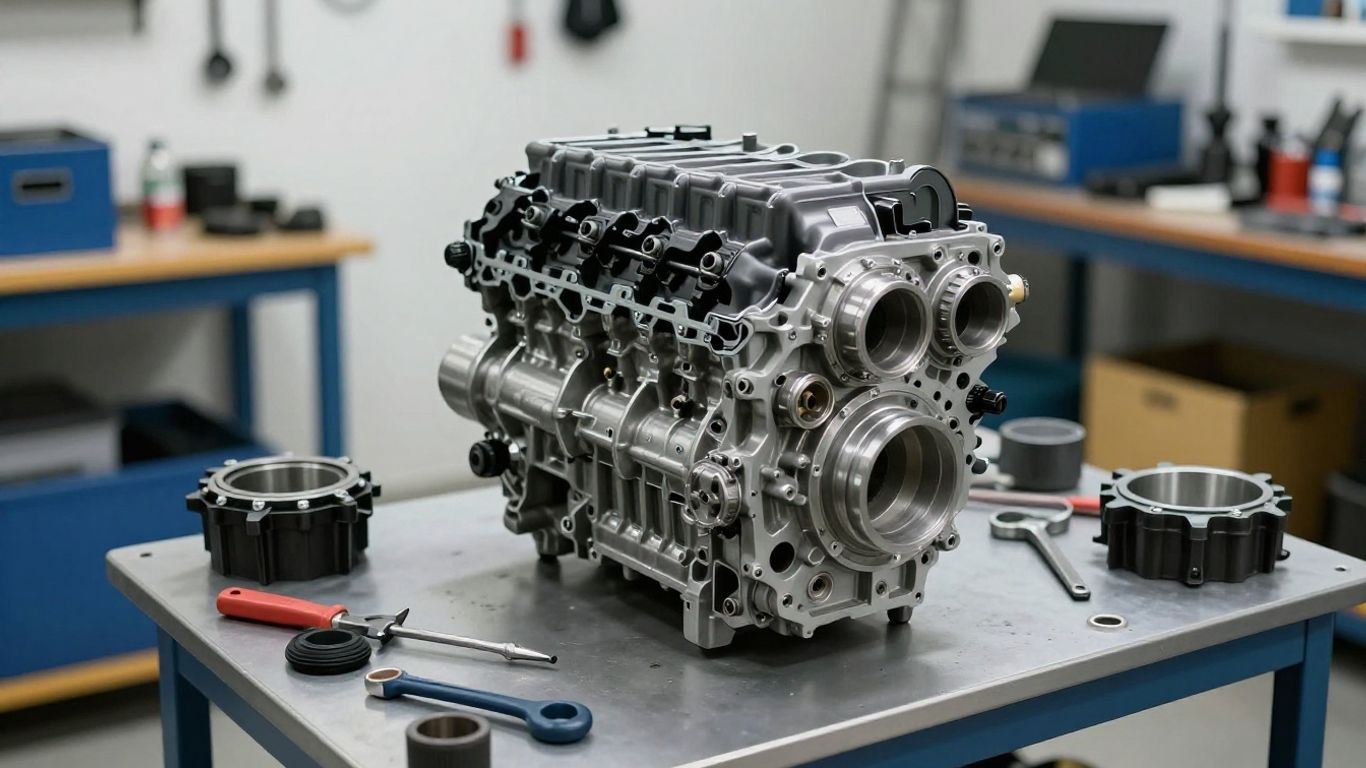 Skoda engine and gearbox in a workshop
