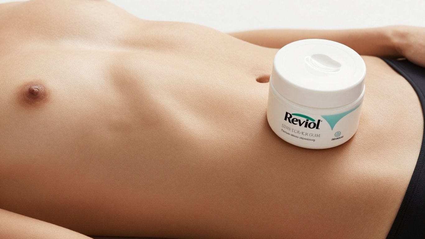 Revitol Stretch Mark Cream jar next to smooth skin.