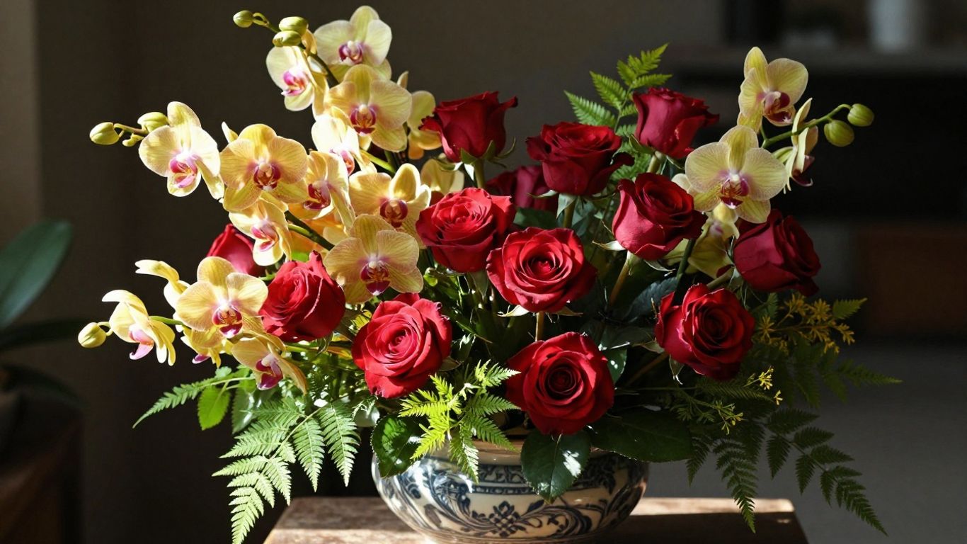 Elegant birthday flower arrangement with orchids and roses.