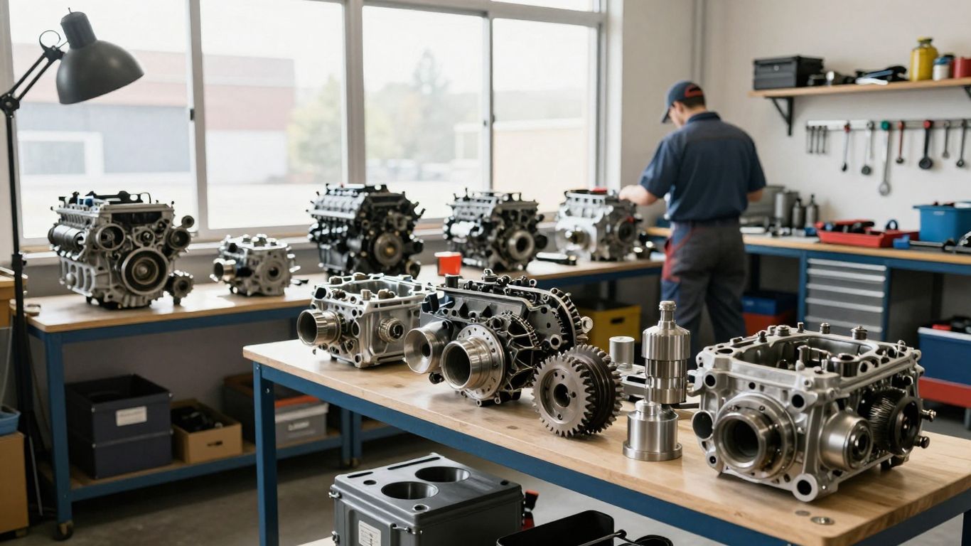 Used car engines and gearboxes in a workshop.