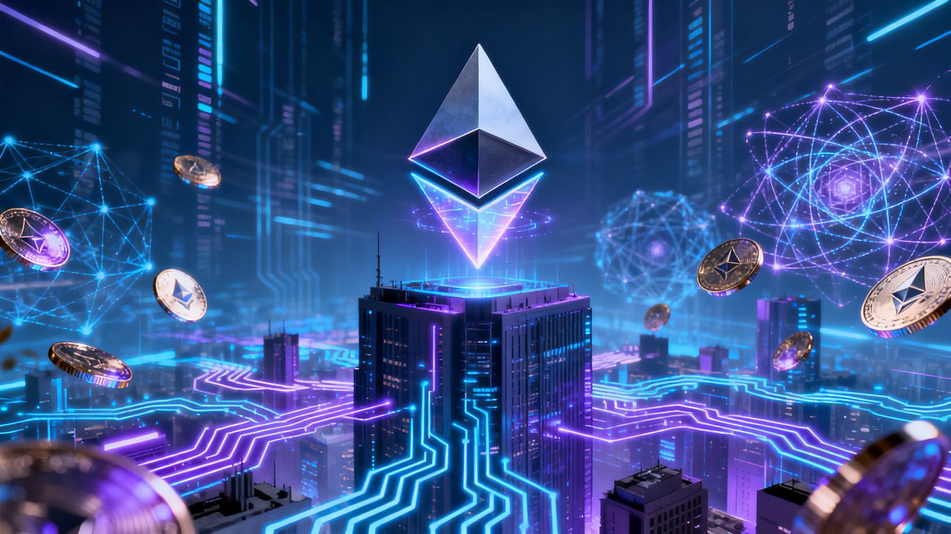 Ethereum logo, quantum patterns, digital tokens, futuristic city