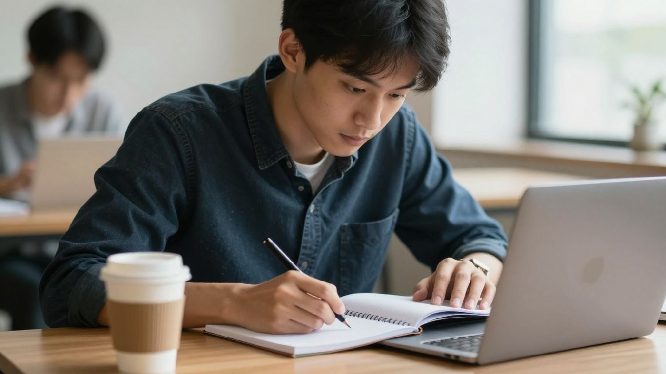 Person working intently at a desk between meetings.