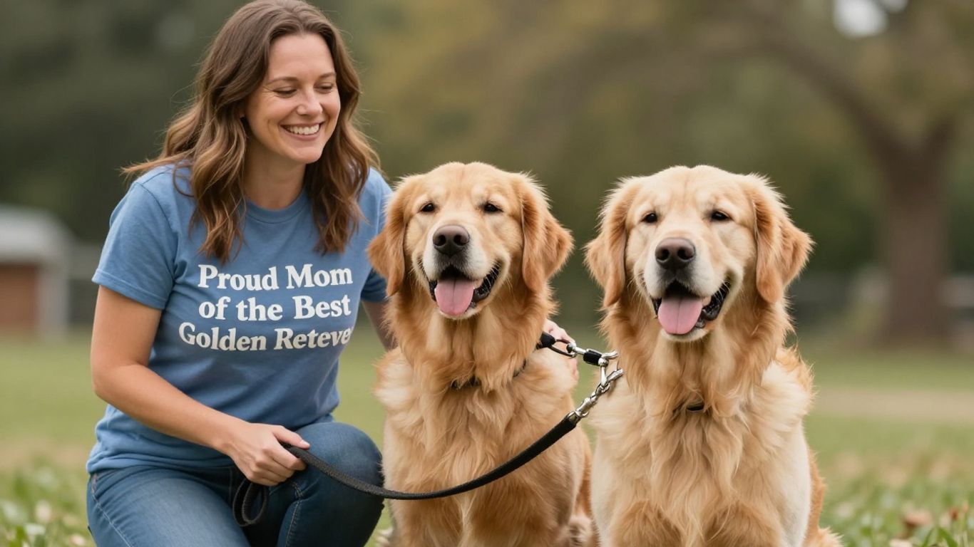 Woman with Golden Retriever wearing proud mom shirt
