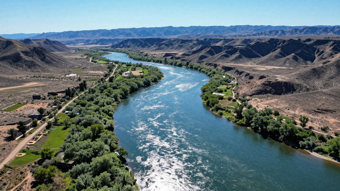Arizona riverfront land with mountains and water.