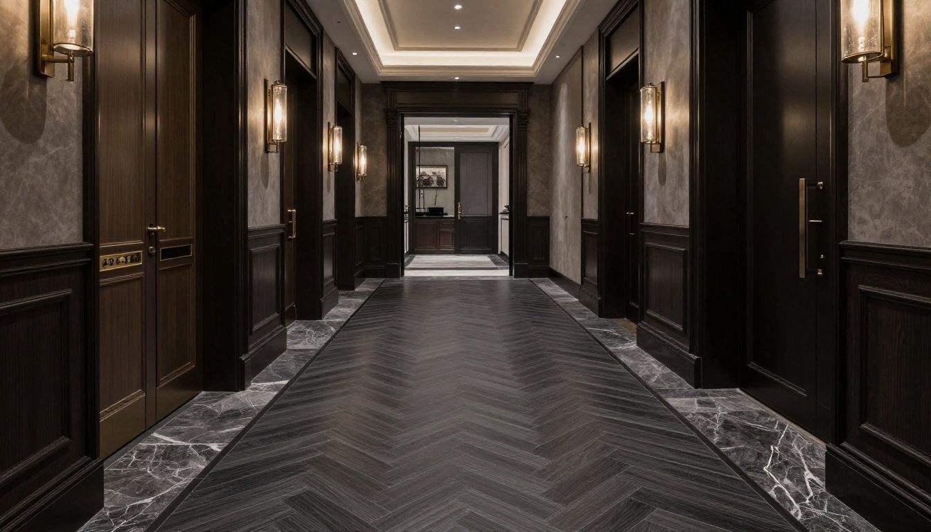 A luxurious hallway featuring dark Amtico herringbone LVT, creating a dramatic and elegant entrance.