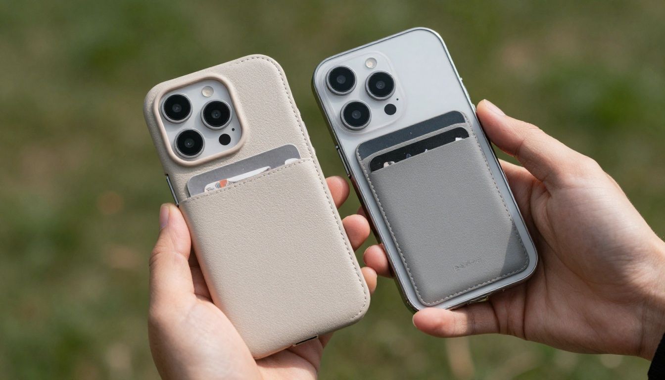 A person's hands holding an iPhone 16 Pro in a stylish wallet case, showing the card slots.