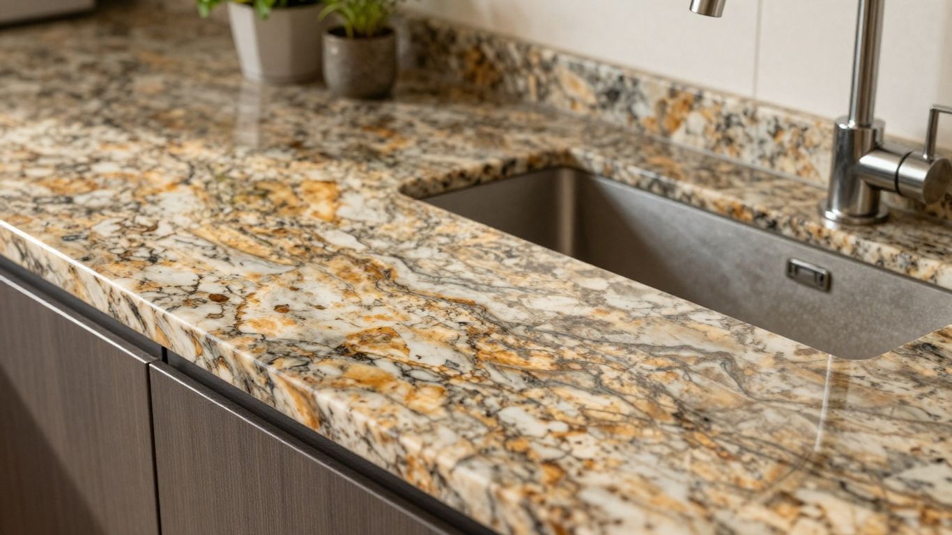 Polished granite kitchen worktop with natural veining.