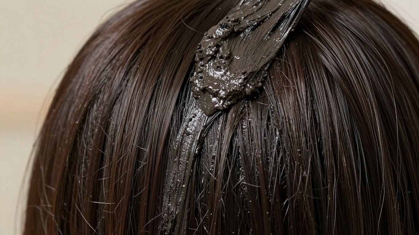 Boue minérale appliquée sur des cheveux brillants et sains.