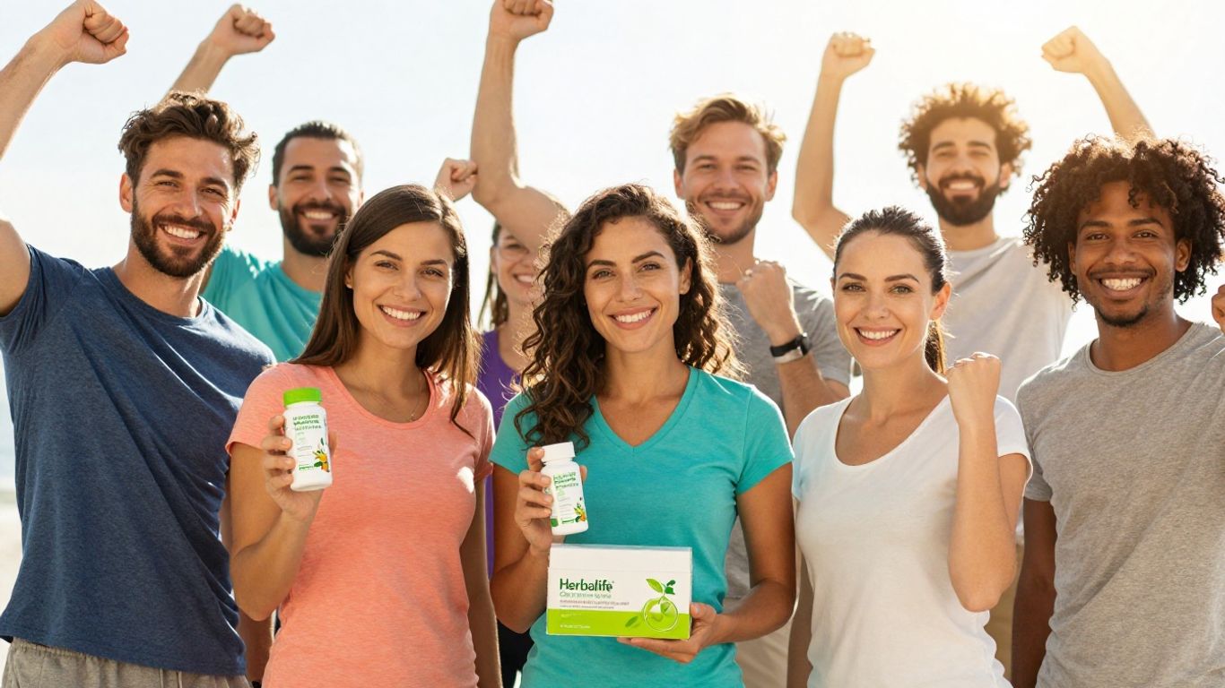 Successful Herbalife distributors smiling and holding products.