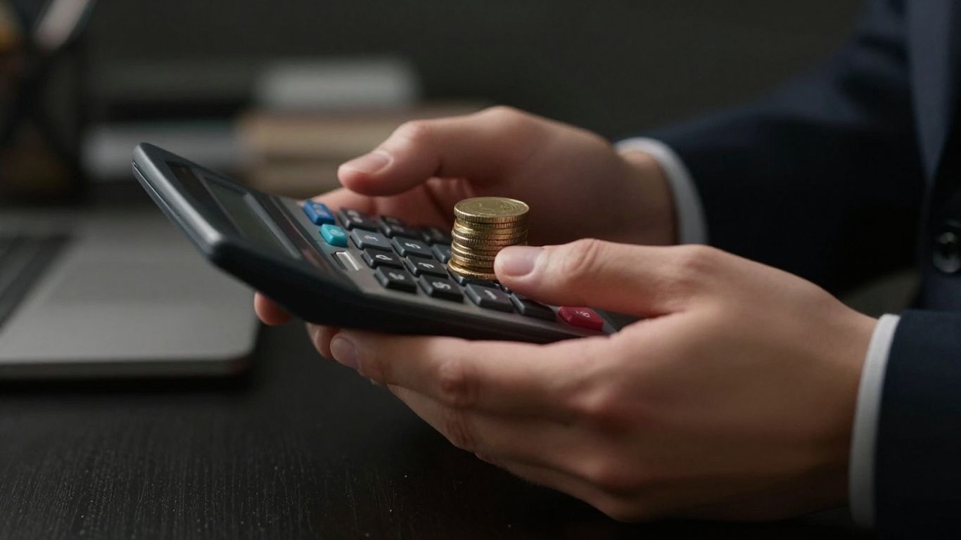 Hands with calculator and coins, profit loss concept.